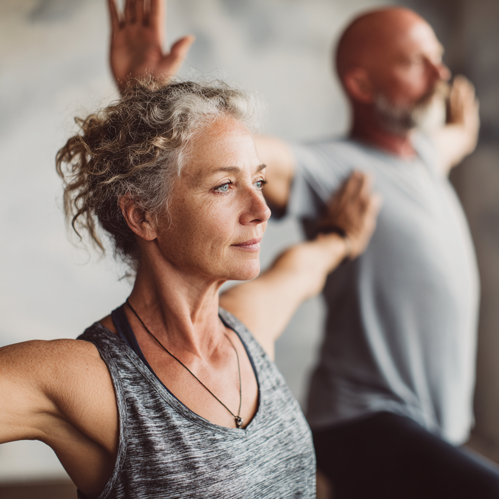 Experienced instructor guiding mature adult through gentle yoga pose in serene studio environment