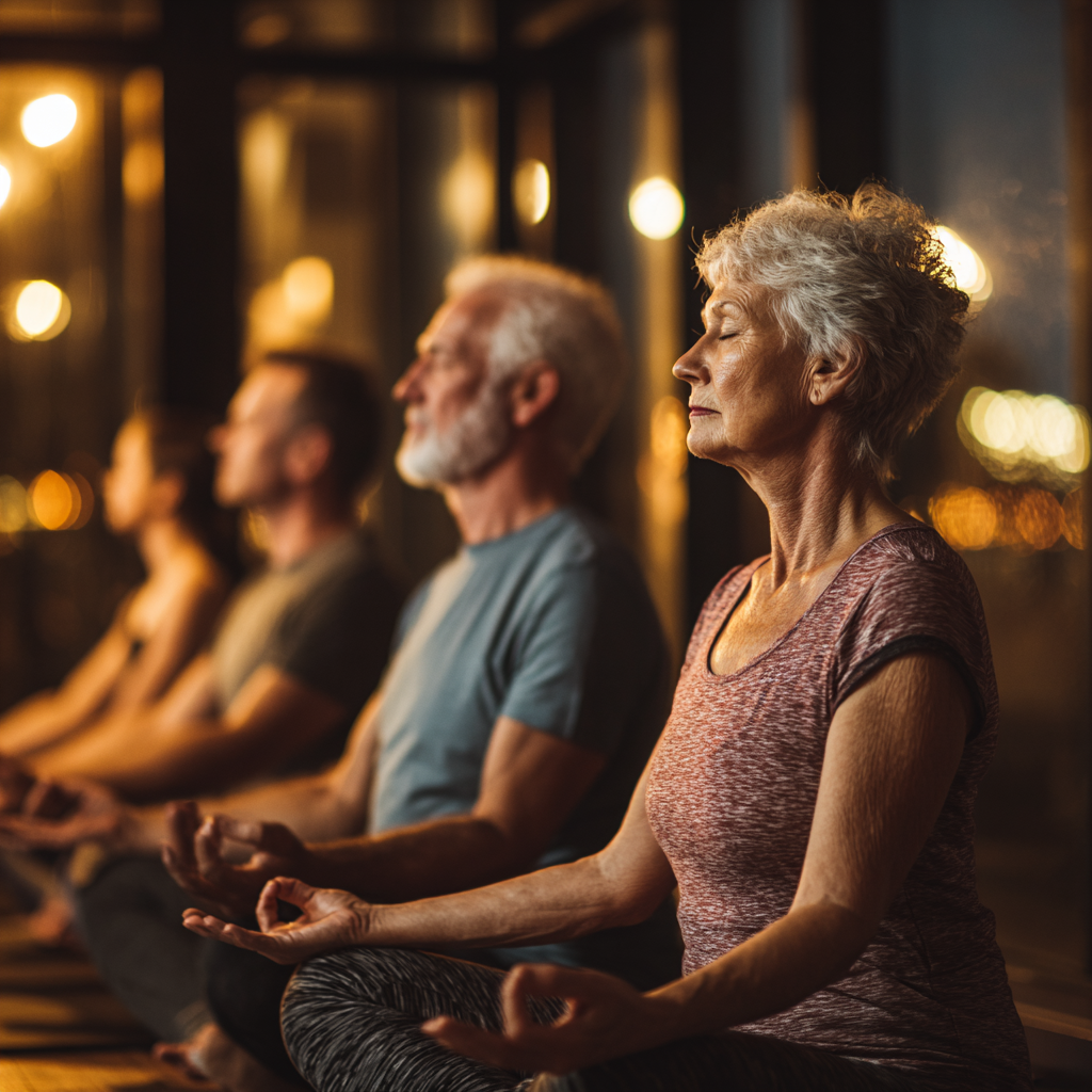 Group of mature adults in comfortable poses during evening yoga session at dorquenal studio