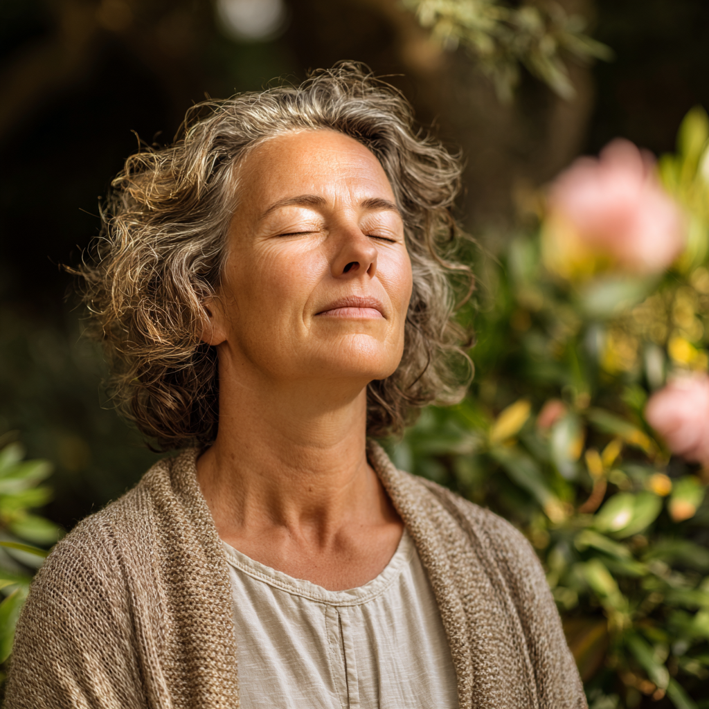 Middle-aged woman practicing mindful breathing exercise in peaceful garden setting
